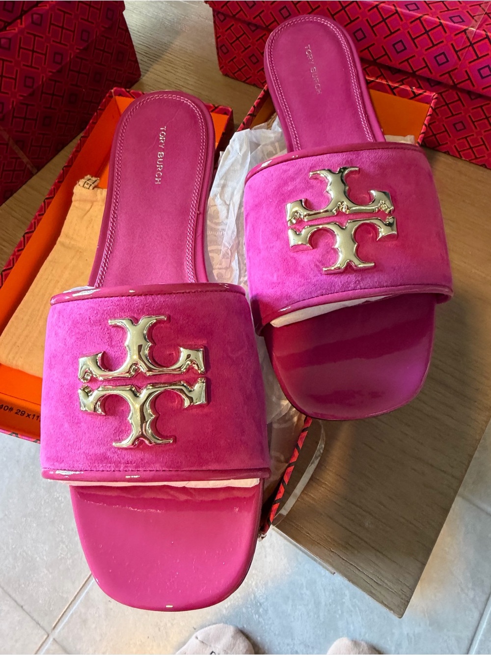 Tory Burch Hot Pink Suede Logo Slide Sandals